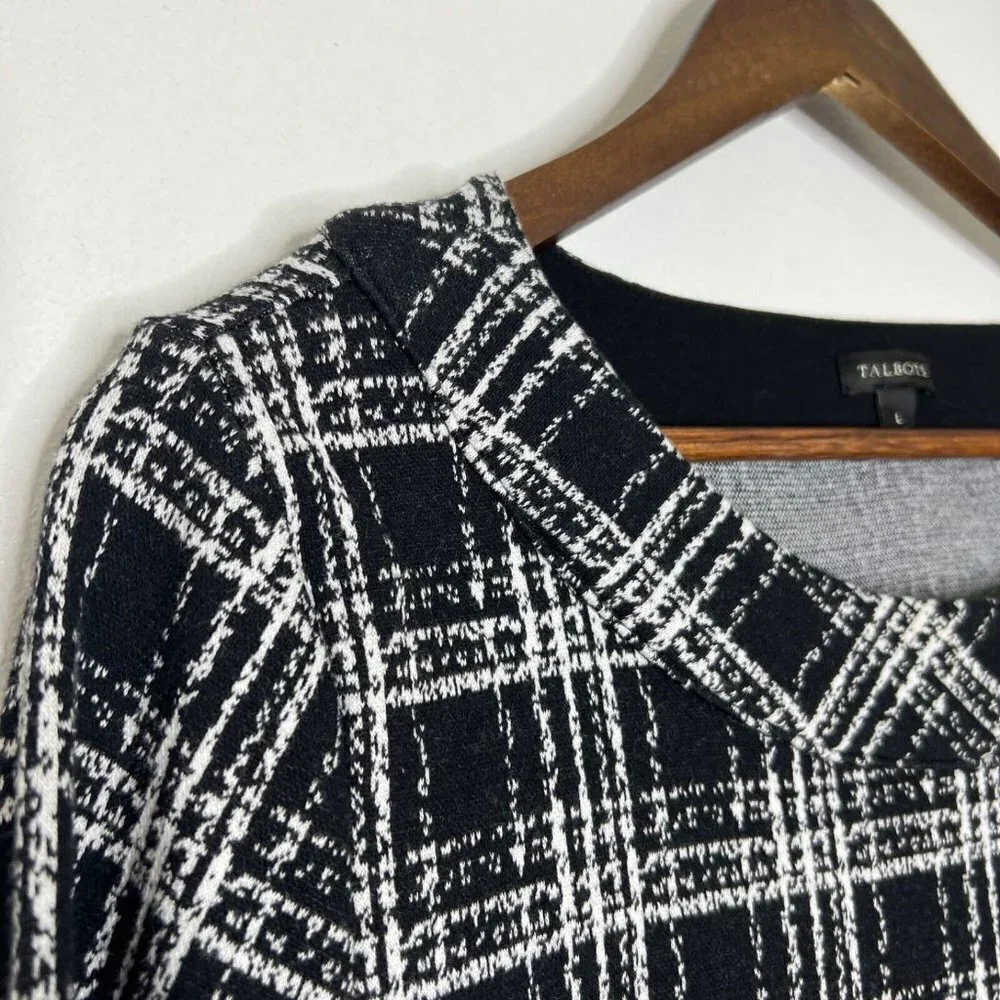 Talbots Sabrina Black Plaid 3/4 Sleeve Round Neck Pullover Sweater Size Large - Picture 3 of 7